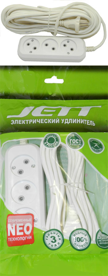 Удлинитель 3-местный  3 метра 10А ДЖЕТТ РС-3 (провод ПВС 2х0,75 мм²) 155-203