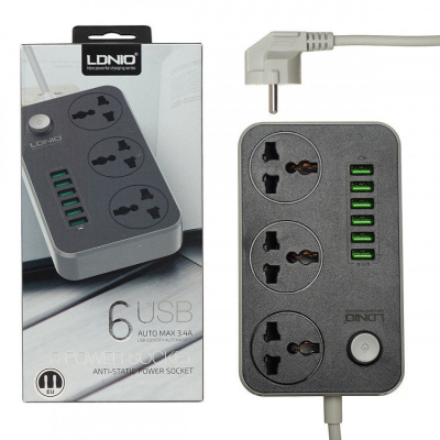 Сетевой фильтр LDNIO 3 местн. 1,8м, 10А+ 6 USB 5V, 3,4А SС3604