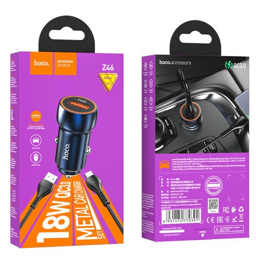 Авто зарядное устройство в прикуриватель HOCO 1 порт USB 18W Z46 с кабелем Micro USB
