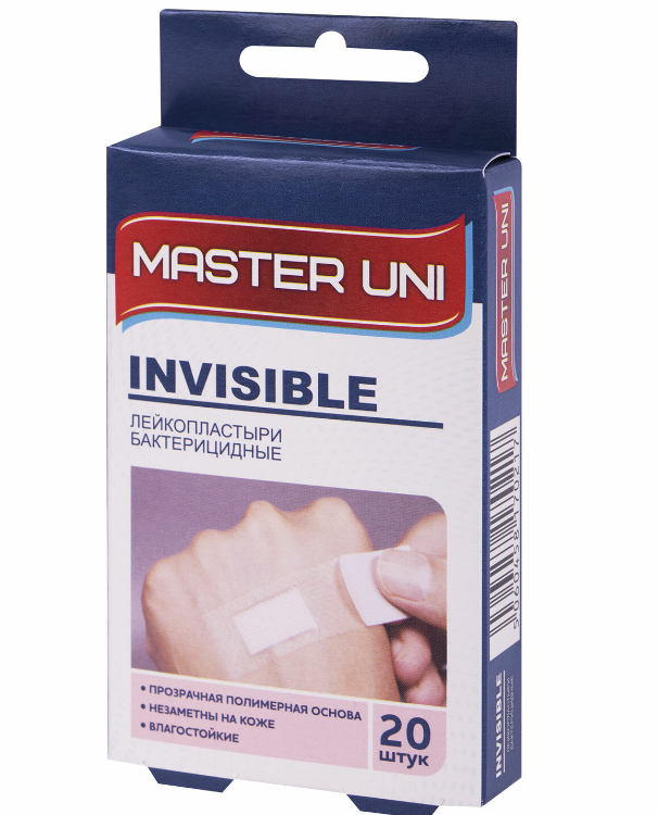 Набор пластырей 20 шт. MASTER UNI INVISIBLE невидимый, на прозрачной полимерной основе 630285