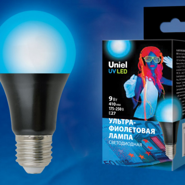 Лампа светодиодная A60  9 Вт Е27 ультрафиолетовая для дискотек Спектр UVA 410нм Uniel