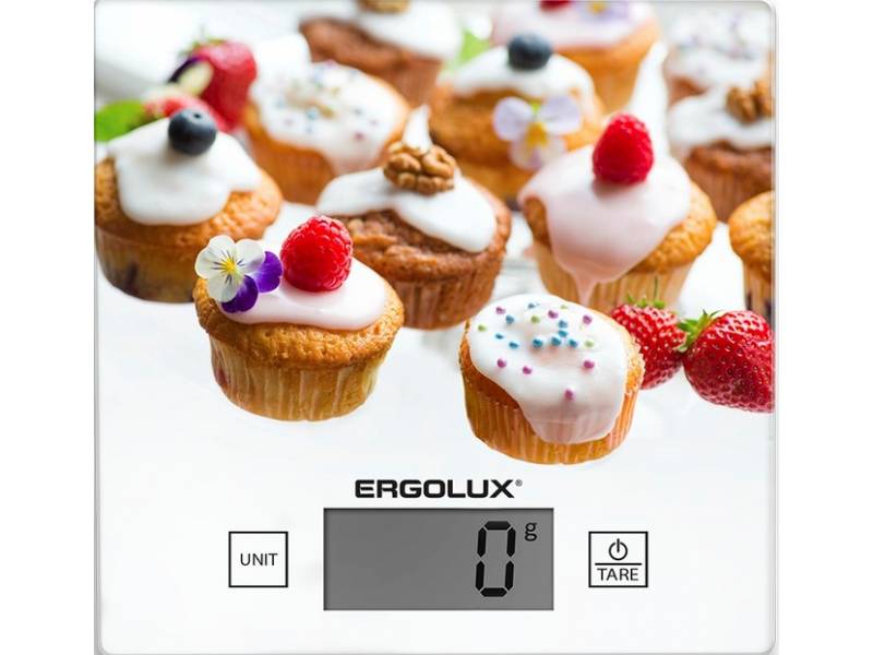 Весы кухонные ELX-SK01-C33 кексы и ягоды  (от 1 г до 5 кг) 150*150мм Ergolux