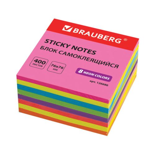 Блок бумажный самоклеящийся BRAUBERG 76х76 мм, 400 л, 8 цветов неоновый 126686