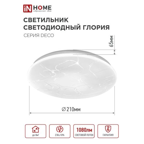 Светильник светодиодный накладной круглый Глория 12W 220V 4000К 1080Lm белый 210мм IP20 
