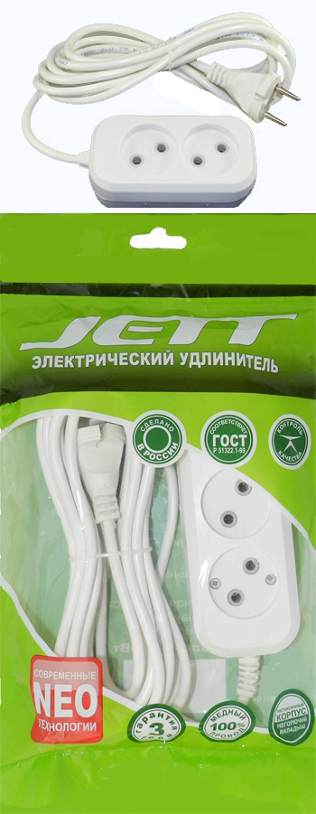 Удлинитель 2-местный  3 метра 10А ДЖЕТТ (провод ПВС 2х0,75 мм²) 155-103