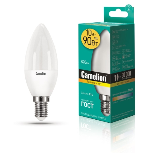 Лампа светодиодная свеча Е14 10 Вт 220в 3000К теплая, матовая Camelion