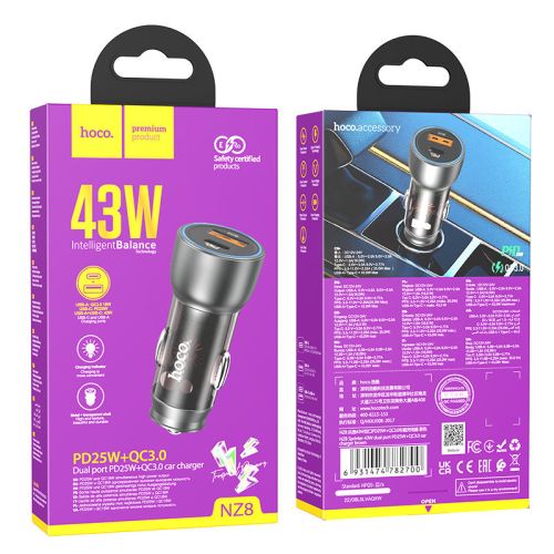 Авто зарядное устройство в прикуриватель HOCO 2 порта USB - TYPE-C 43W NZ8