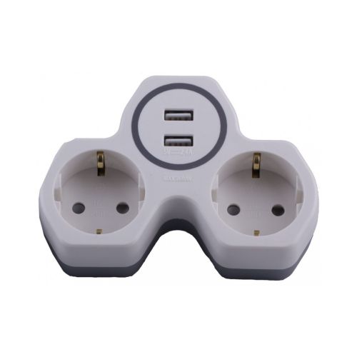 Разветвитель сетевой на 2 гнезда + 2 USB выхода на 2.4А, белый/серый ADP16-14-20