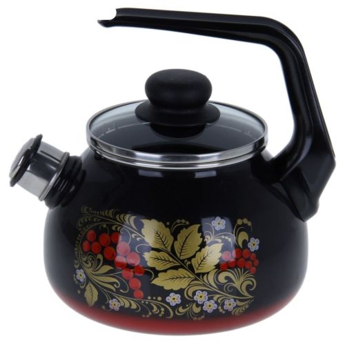 Чайник эмалированный со свистком 2,0л Рябина чёрный, красное подпыление