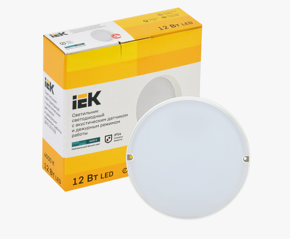 Свет. светод. накладной LED ДПО 2013Д белый круг 12Вт 4000K IP65 IEK с акустическим датчиком