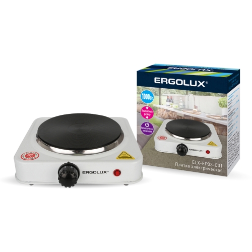Плитка электрическая одноконфорочная ELX-EP03-C01 белая (диск. нагр. эл. 1000Вт 220-240) Ergolux