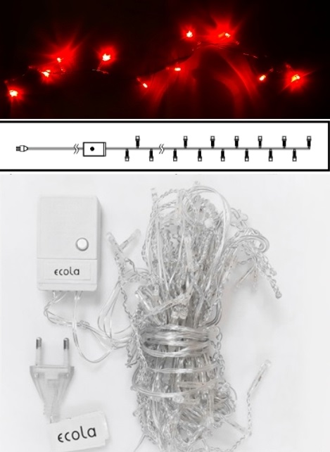Гирлянда Ecola 6м 100 Led Красная нить 8 режимов прозрач.провод N2YR06ELC IP20