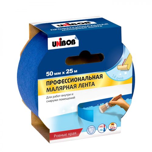 Лента малярная бумажная 50 мм х 25 м синяя для наружних работ UNIBOB