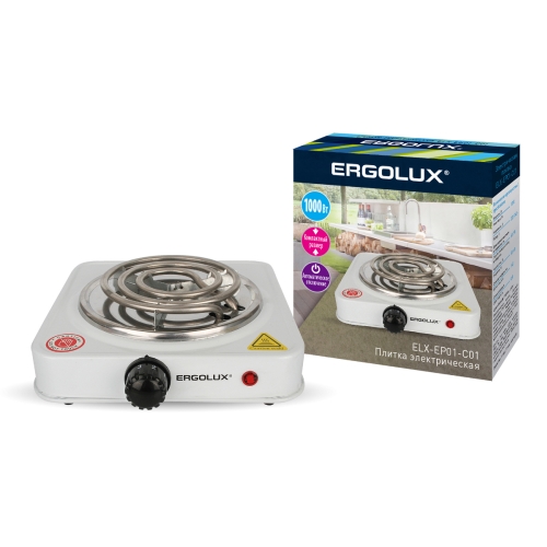 Плитка электрическая одноконфорочная ELX-EP01-C01 белая (спиральный нагр.эл.1000Вт, 220-240) Ergolux
