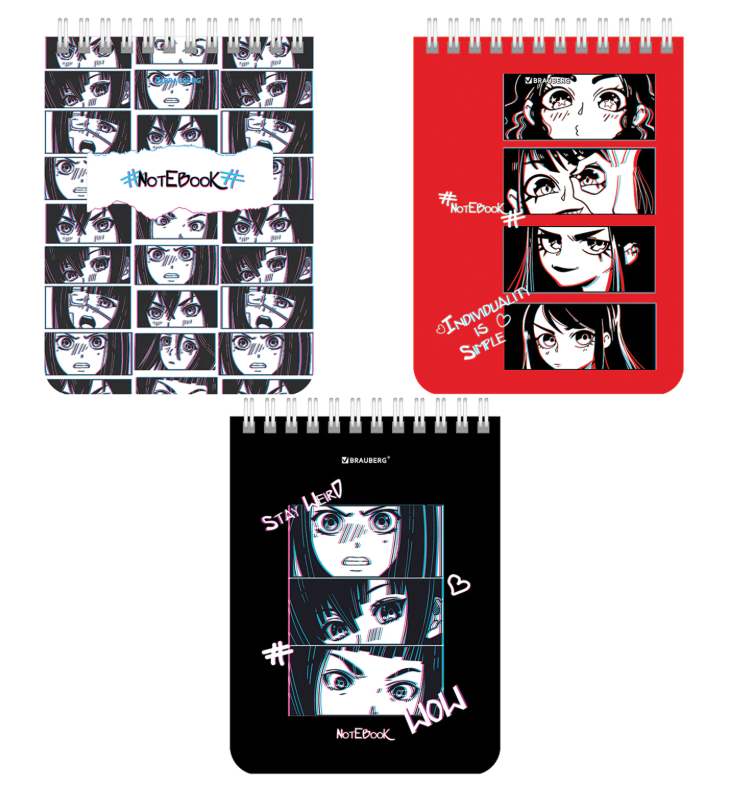 Блокнот А6, 40 л.,гребень, картон, клетка, BRAUBERG, "Anime emotions", 114392
